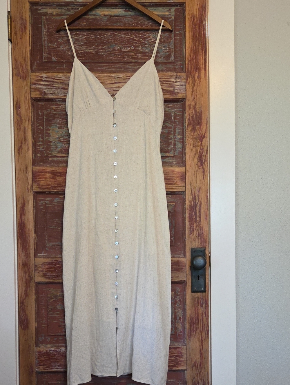 Neutral Linen-Blend Button-Front Maxi Dress With Cotton Slip